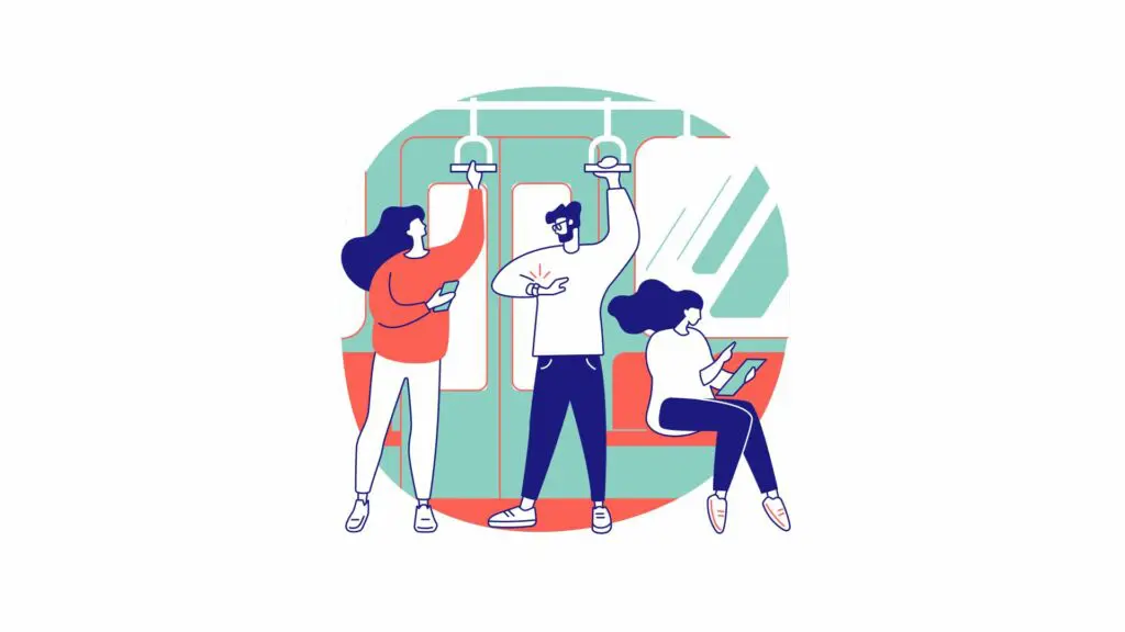 gens dans le tram, qui regarde l'heure ou leur téléphone - mobilité durable 